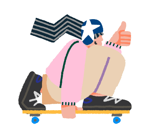Illustration of person crouched down on their skateboard giving a thumbs up.