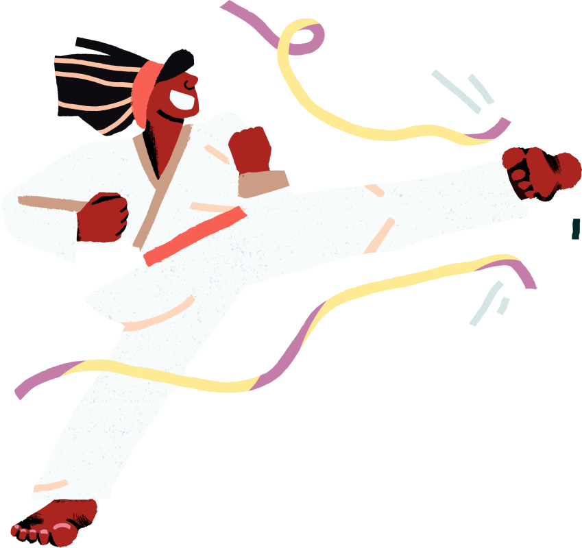 A caricature of a karate woman kicking a finish line