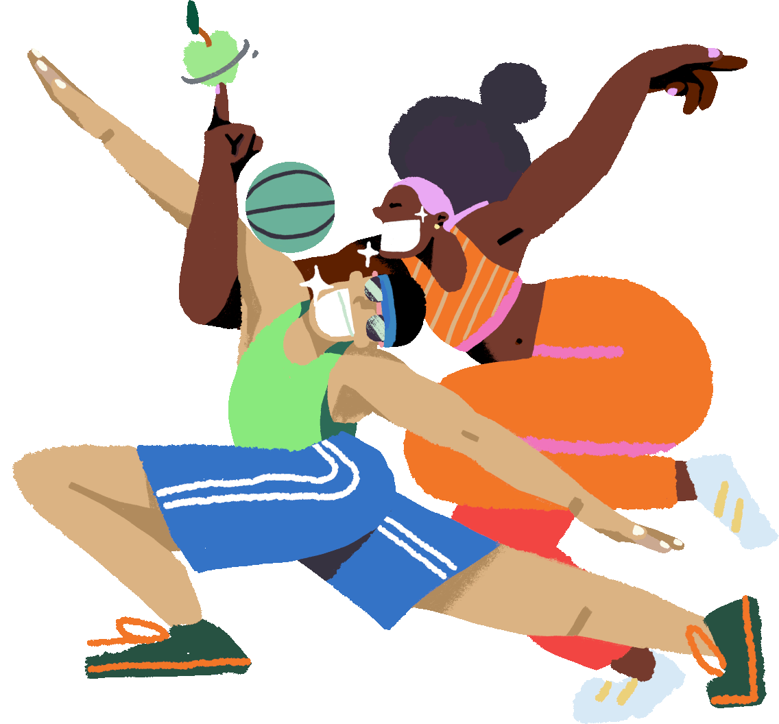 A caricature of two people grinning while playing basketball